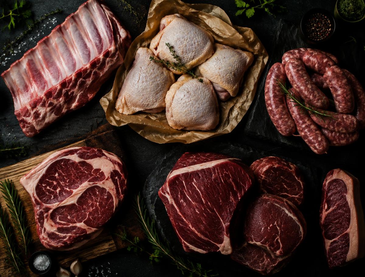 Variedade de carnes: costela suína, frango, linguiça e cortes bovinos